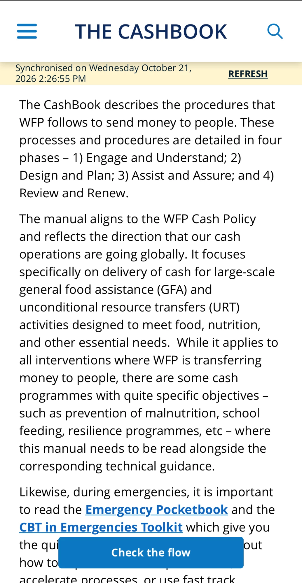 CashBook app introduction text explaining the four phases of the manual and how it aligns to the WFP Cash Policy